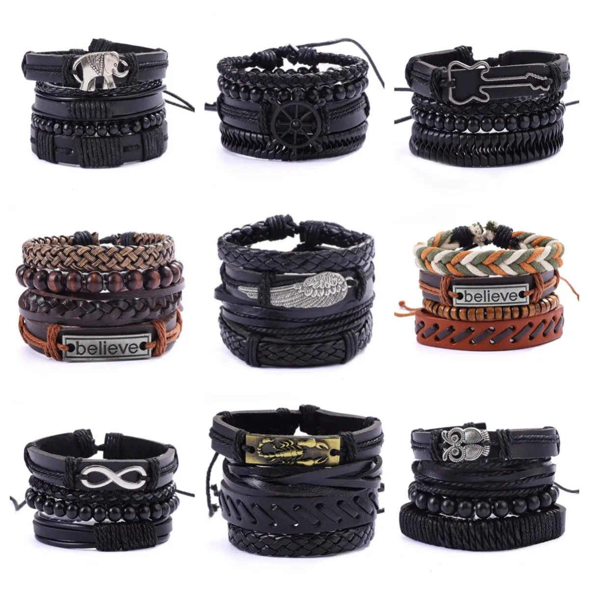 Bracelets En Cuir Tressé Multicouches Vintage Avec Perles En Bois Et Pendentifs En Alliage Style Punk Rétro Pour Hommes Unisexe Ajustable