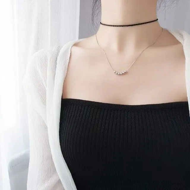 Women Fashion Copper Necklace With Six Sliding Round Beads Geometric Double Layer Box Chain Jewelry For Daily Commute