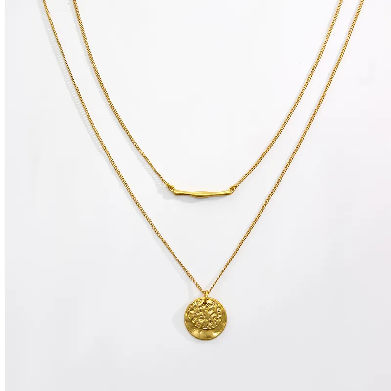 Minimalist Brass Alloy Double Layered Pendant Necklace For Women Retro Hammered Round Coin Bar Gold Silver Plated Jewelry