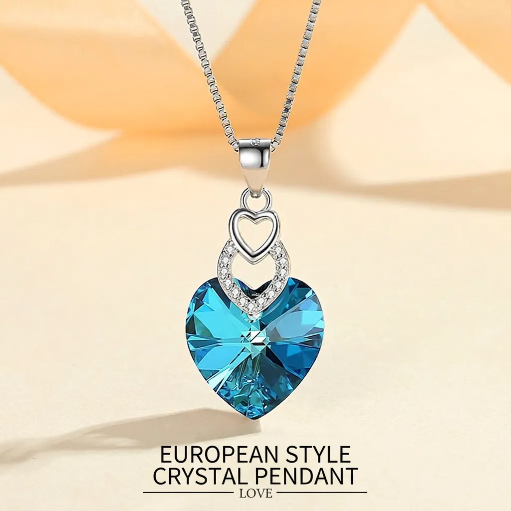 Heart Of The Ocean Pendant Necklace 925 Sterling Silver Blue Austrian Crystal Zircon Heart Shaped Jewelry Gift For Women Trendy Elegant