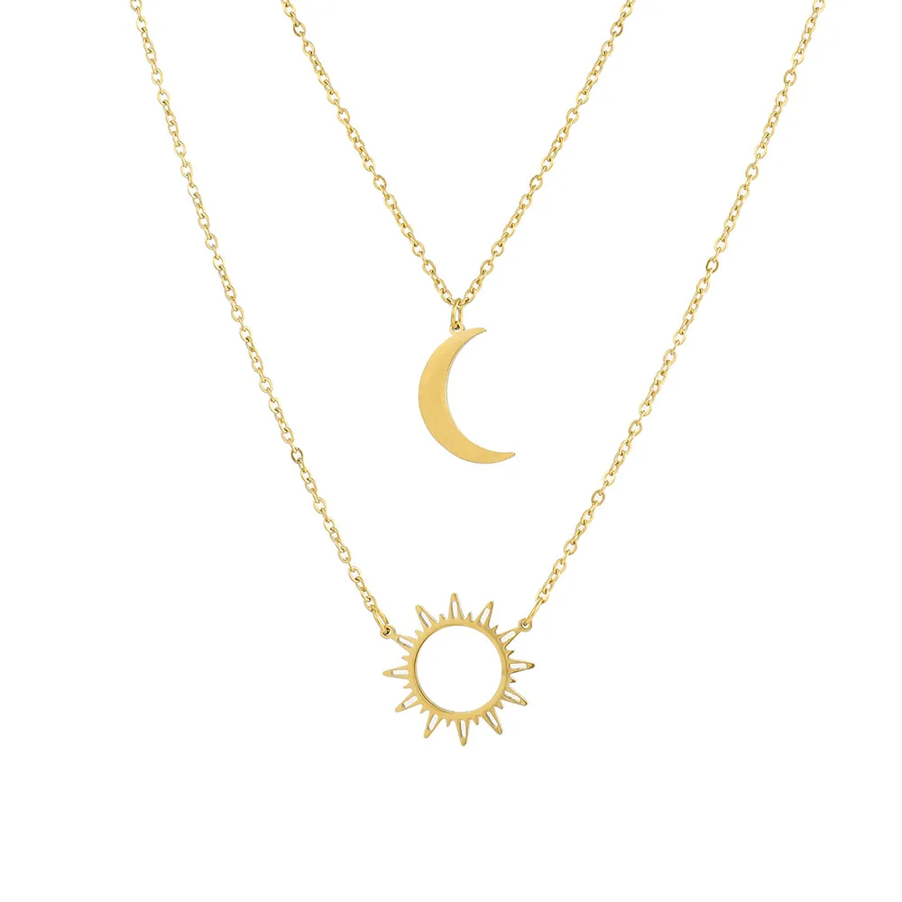 Collier Soleil Lune Acier Inoxydable Superposé Pendentif Céleste Creux Bijoux Pour Femmes Esthétique Minimaliste