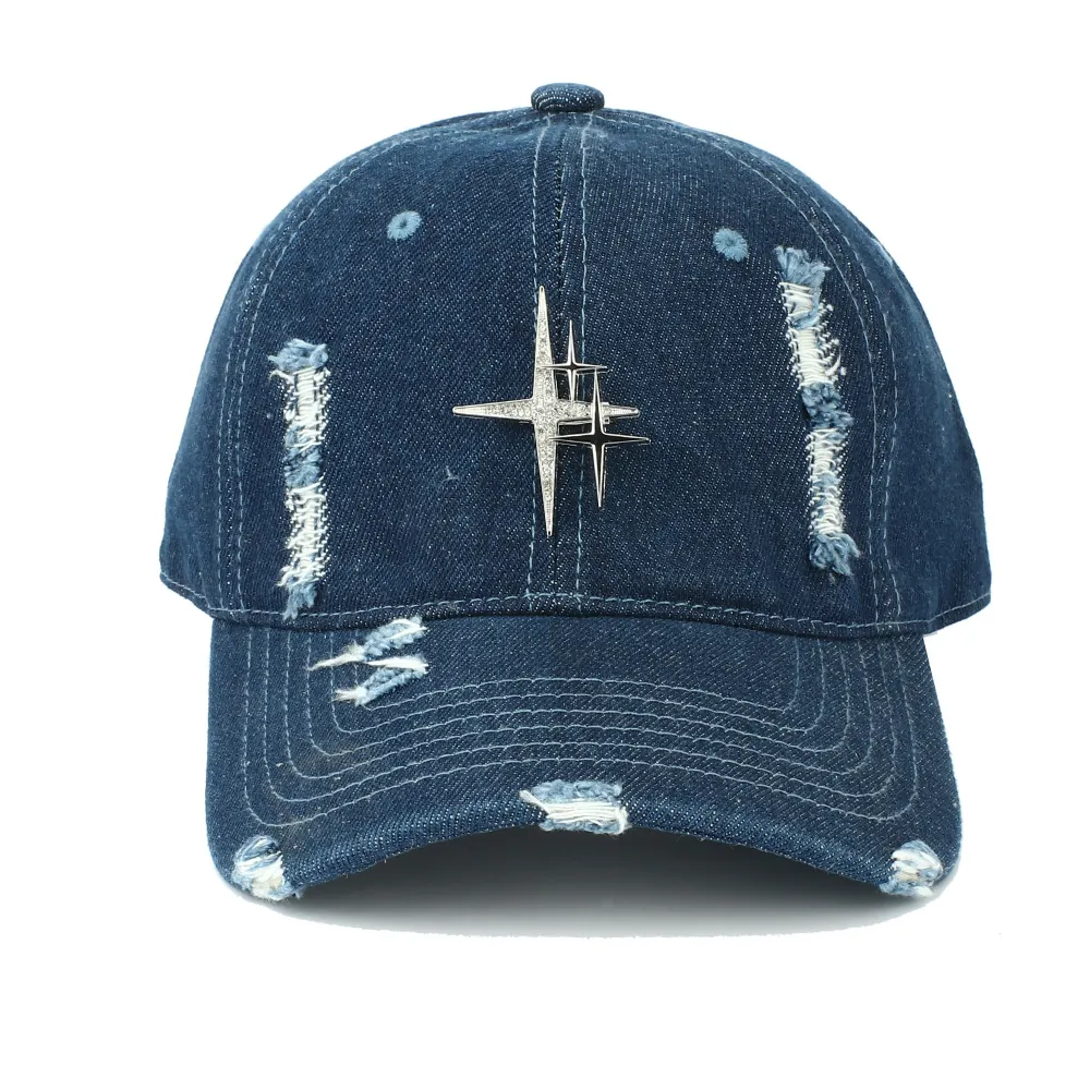 Distressed Denim Baseball Cap Metal Cross Star Rivet Ripped Washed Cotton Adjustable Sun Hat Streetwear For Men Women