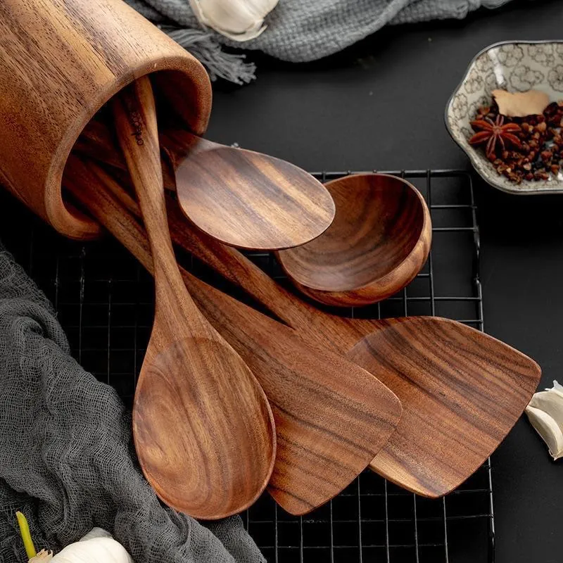 Natural Teak Wood Kitchen Utensils Spatula Slotted Spoon Soup Ladle Nonstick Heat Resistant Turner Hanging Hole