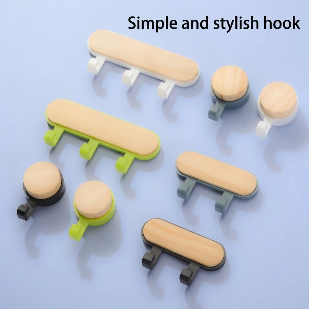 Nordic Pine Wood Wall Hooks Adhesive Drill Free Self Sticky Heavy Duty Hangers For Entryway Bathroom Kitchen Modern Minimalist