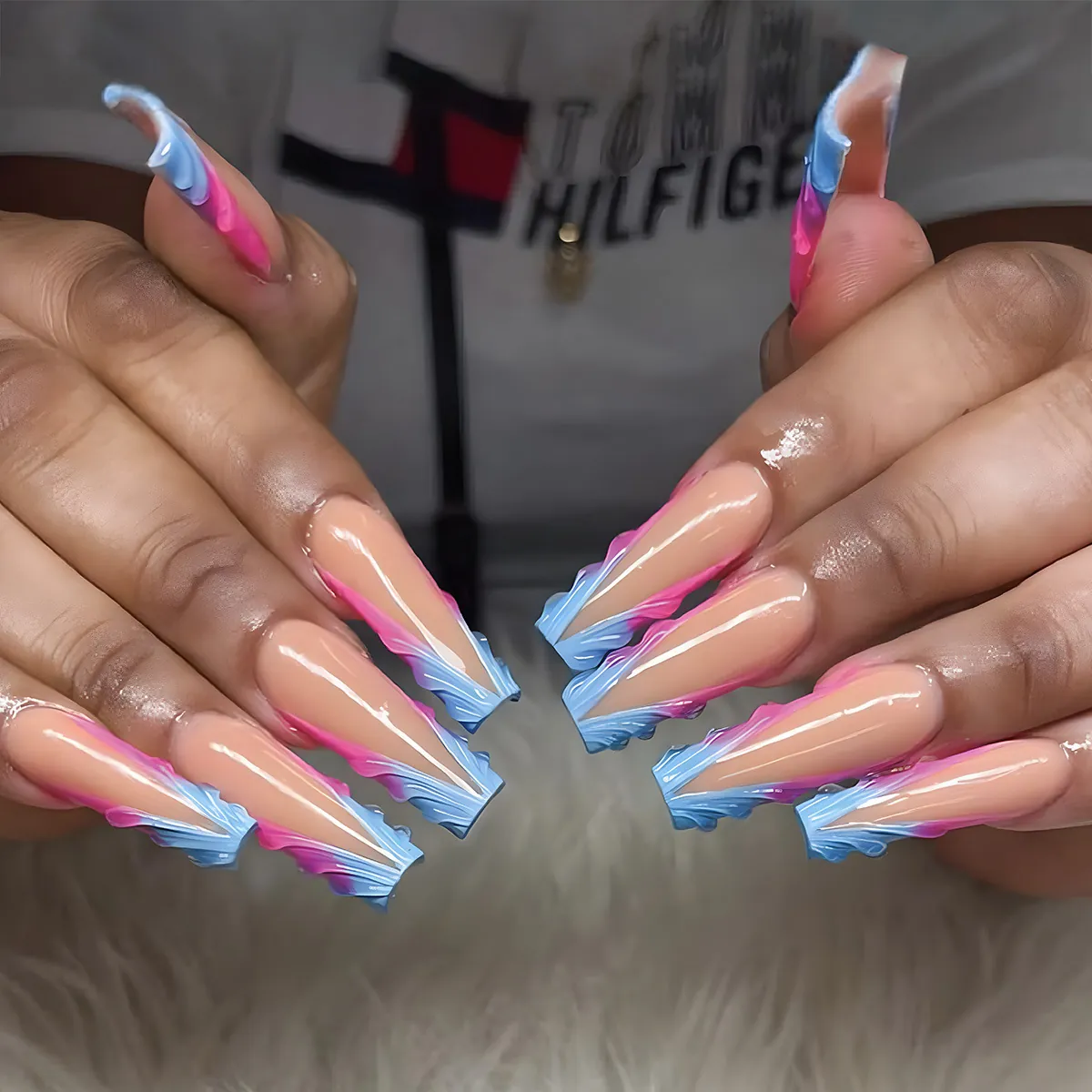 3D Embossed French Gradient Press On Nails Long Coffin Shape Pink Blue Gradient Artificial False Fingernails For Women