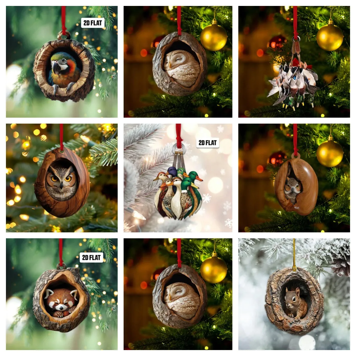 Christmas Tree Hanging Ornaments Acrylic 2D Flat Realistic Animal Owl Raccoon Pendants Holiday Party Home Decor