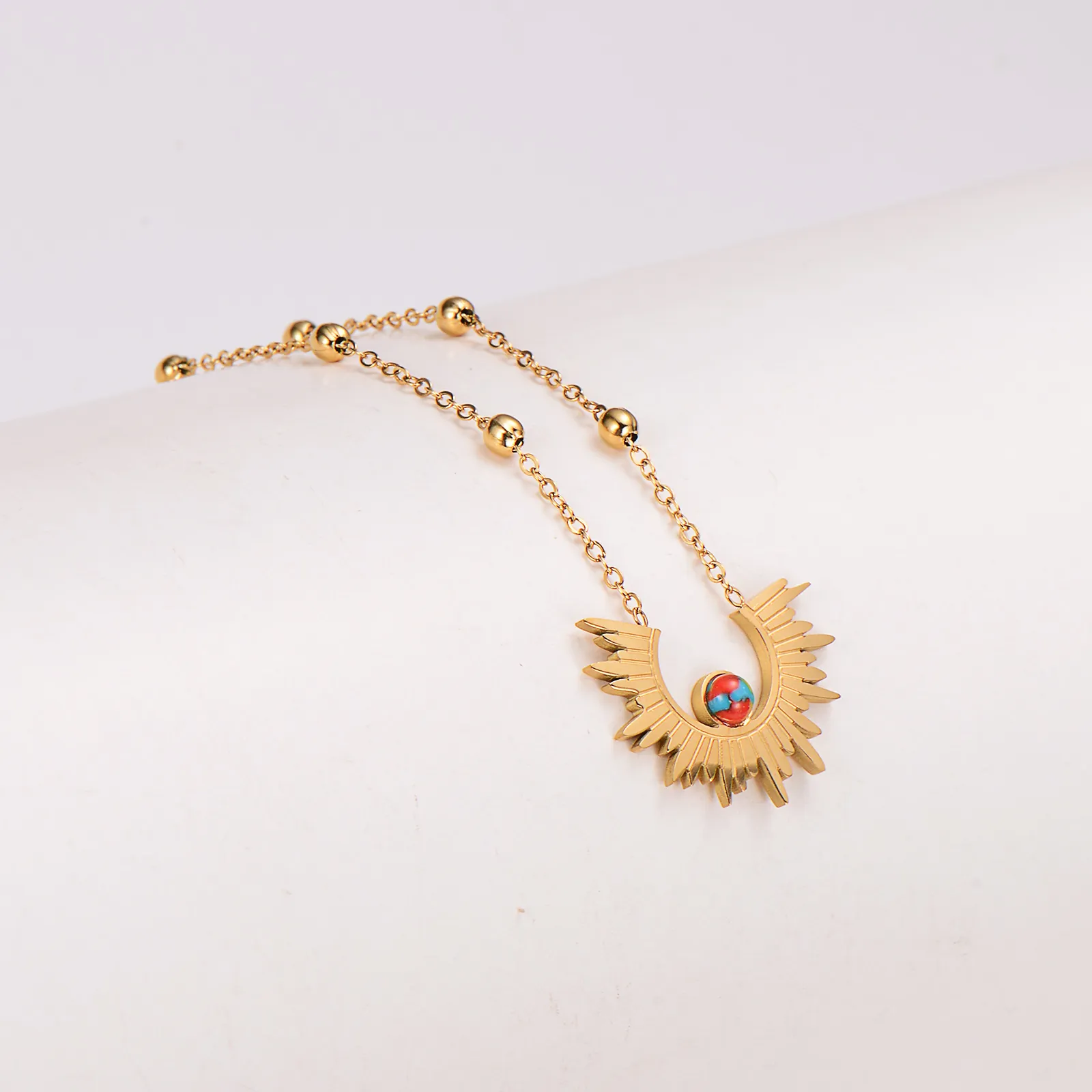 Gold Plated Stainless Steel Sun Pendant Necklace Bead Satellite Chain Boho Jewelry For Women Men Clavicle Chain