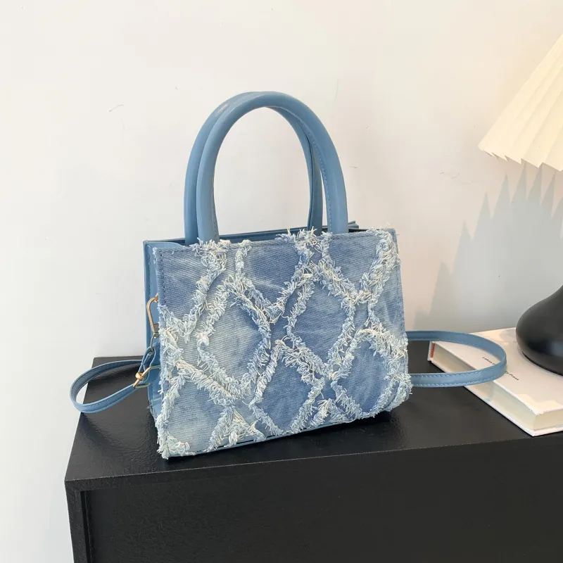 Denim Frayed Edge Crossbody Bag Diamond Lattice Fringe Small Tote Handbag For Women Stylish Casual Daily Shoulder Bag