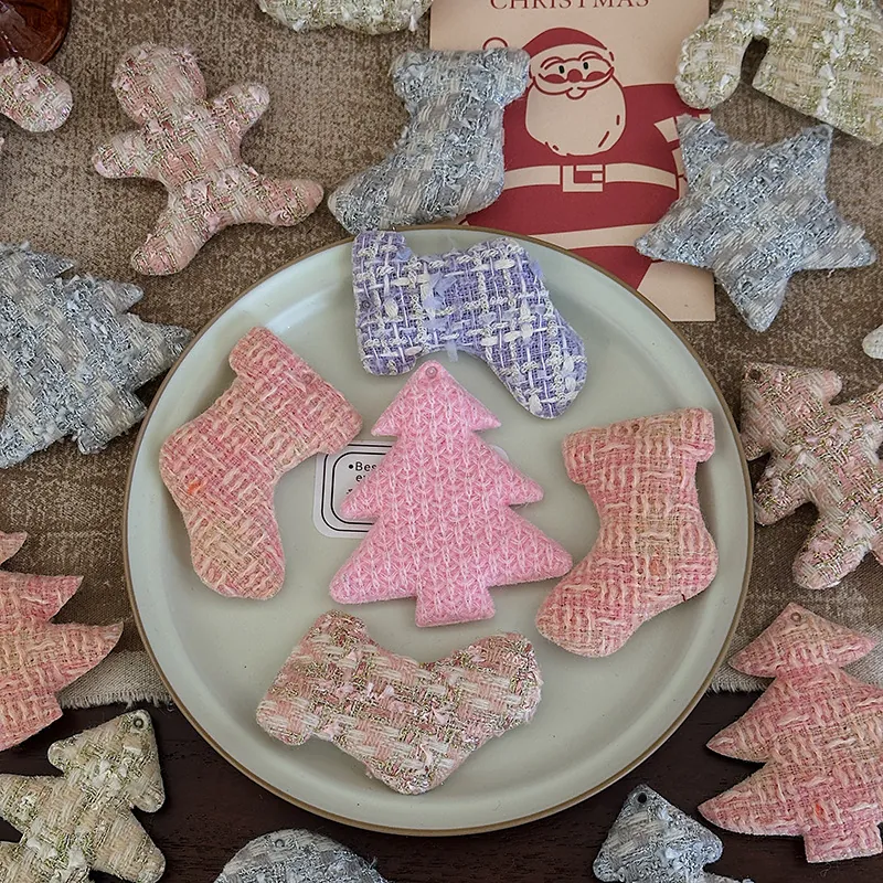Christmas Tweed Fabric Pendants Tree Star Sock Gingerbread Man Hanging Ornaments DIY Craft Decor Vintage Style Holiday