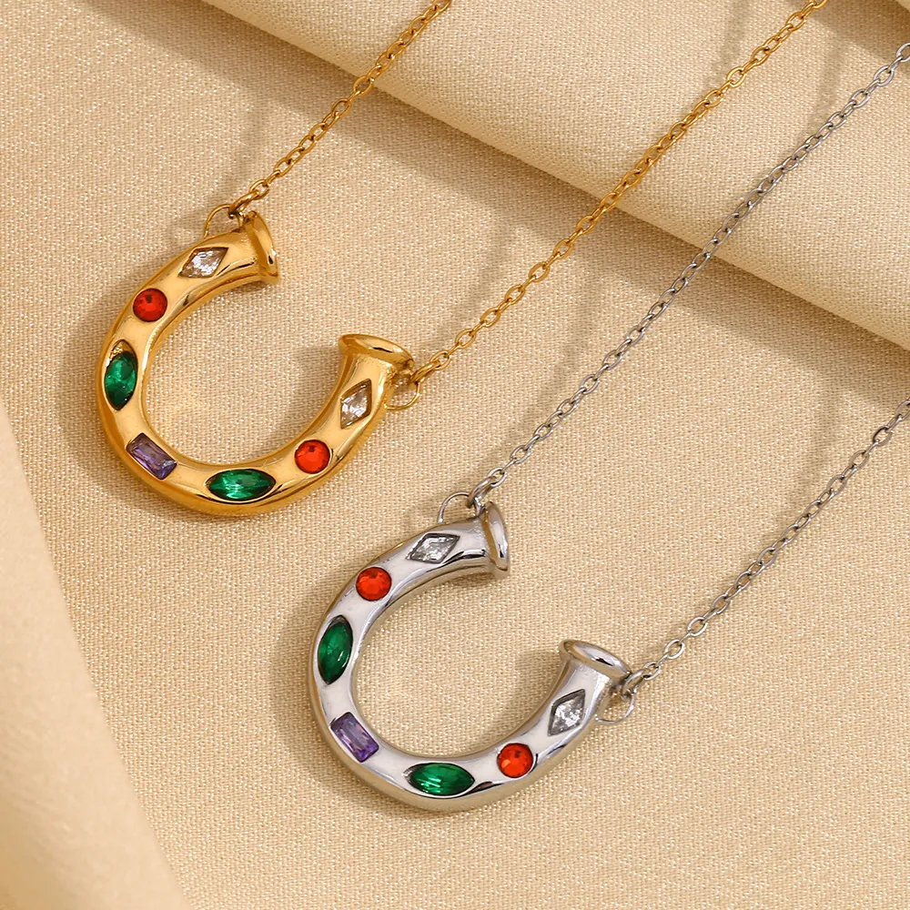 Horseshoe Pendant Necklace 316L Stainless Steel 18K Gold Plated Colorful Zircon U-Shaped Elegant Niche Design