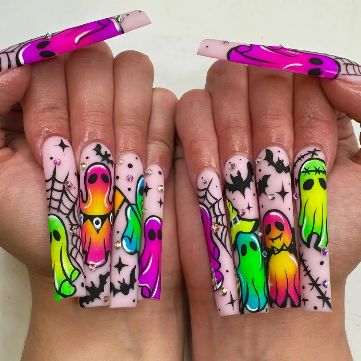 Halloween Press On Nails Long Coffin Fake Nails With Neon Ghost Bat Spider Web Graffiti Designs And Rhinestone Decor