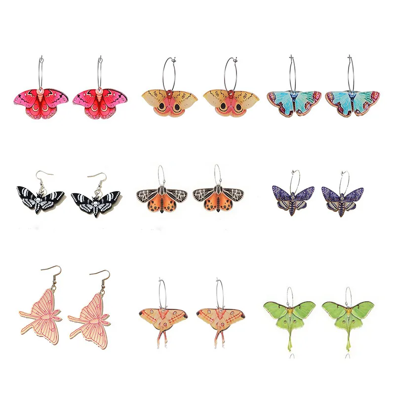 Butterfly Moth Drop Earrings Acrylic Wing And Alloy Hook Death Head Skull Pattern Luna Moth Colorful Aesthetic For Women
