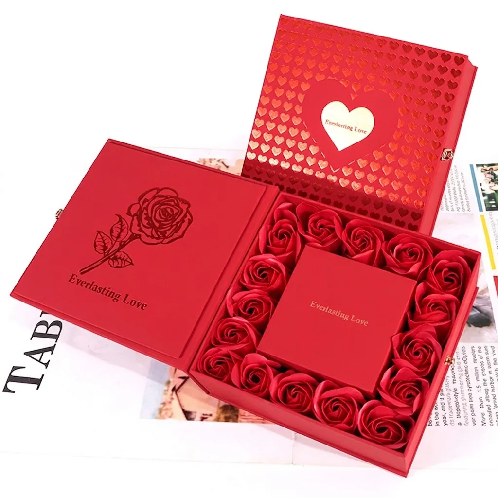Red Rose Jewelry Gift Box Cardboard Packing With Soap Flowers Gift Bag Greeting Card For Necklace Ring Anniversary