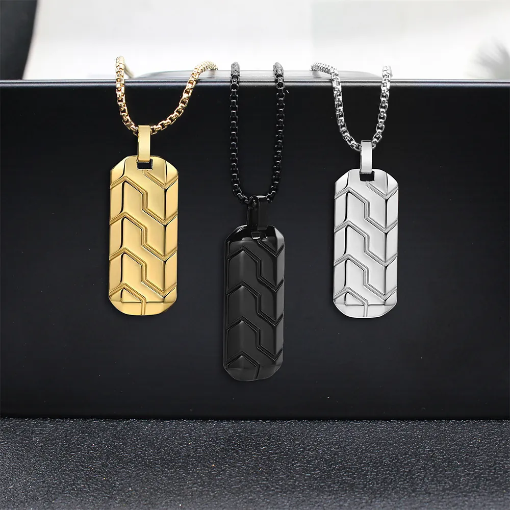 Men Stainless Steel Necklace With Rectangle Tire Tread Pattern Pendant Geometric Jewelry Fashion Gift