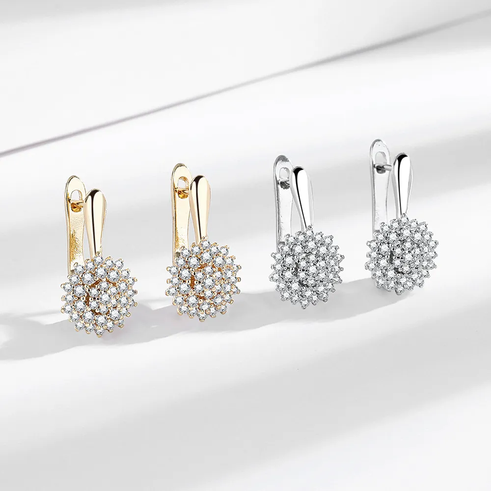 Flower Sunflower Lever Back Hoop Earrings Copper Base With Full Zircon Inlaid Trendy French Style Jewelry For Women
