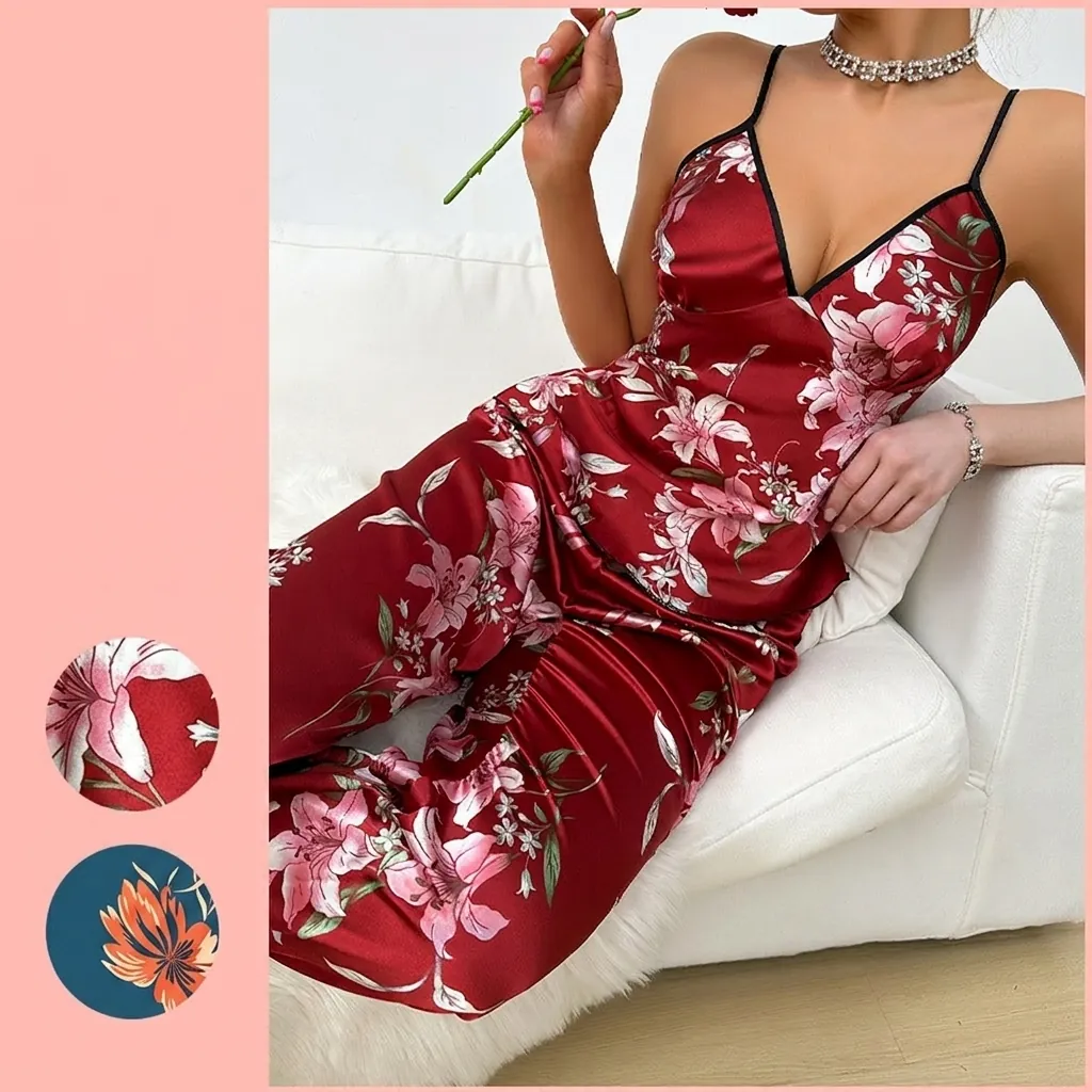 Haut Et Pantalon De Pyjama Pour Femmes Satin De Satin Imitation Imprimé Floral Col En V Camisole