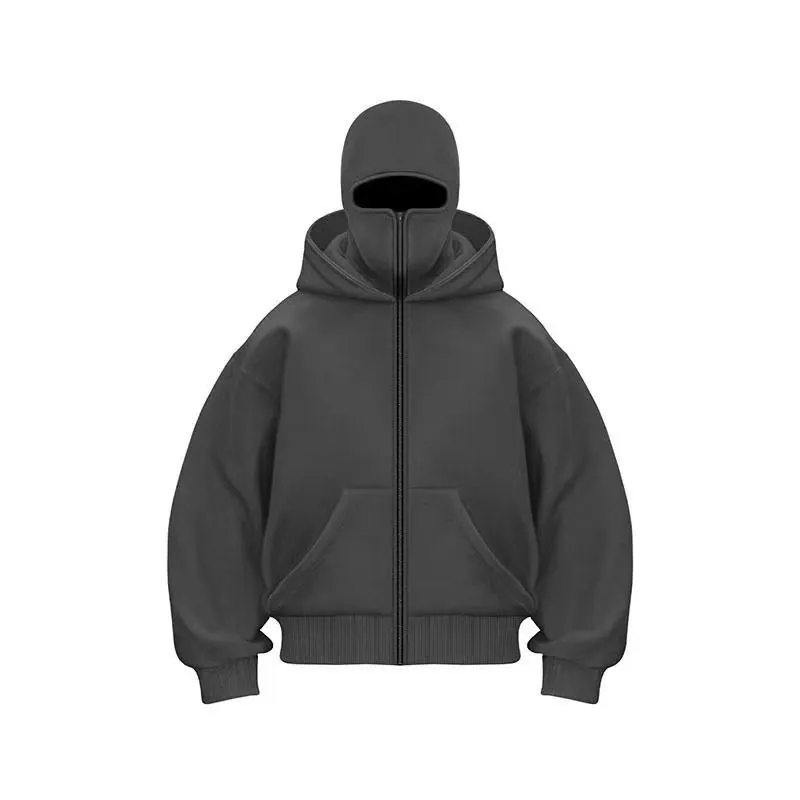 Full Zip Hoodie With Integrated Mask Balaclava Streetwear Drop Shoulder Fleece Sweatshirt For Men Casual Solid