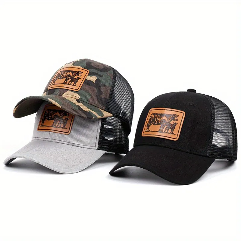 Trucker Hat Cotton Mesh Breathable American Farm Cow Leather Patch Western Cowboy Baseball Cap For Men Women Adjustable