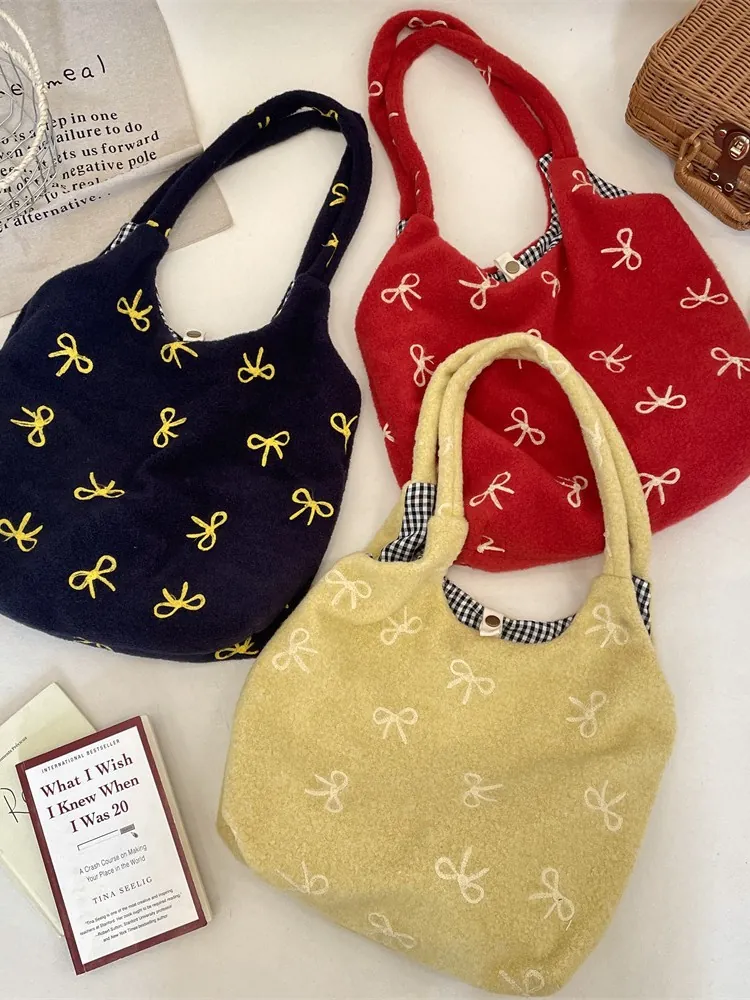Sac Cabas En Peluche Broderie Motif Nœud Grande Capacité Doublure À Carreaux Sac À Main Souple Pour Femmes Doux Décontracté