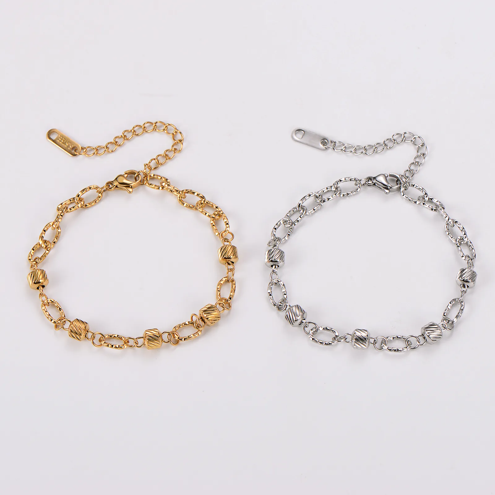 Embossed Cylinder Ball Chain Bracelet Stainless Steel Jewelry For Women Adjustable Minimalist Elegant Gold Tone