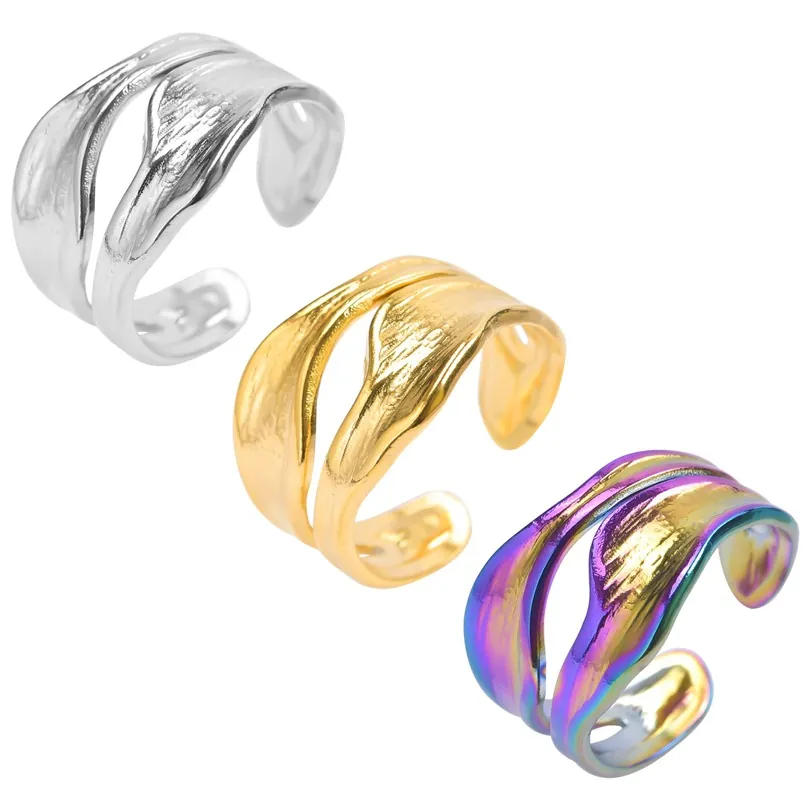 Snake Style Irregular Wave Stainless Steel Ring Liquid Metal Lava Texture Open Adjustable Minimalist Jewelry For Women
