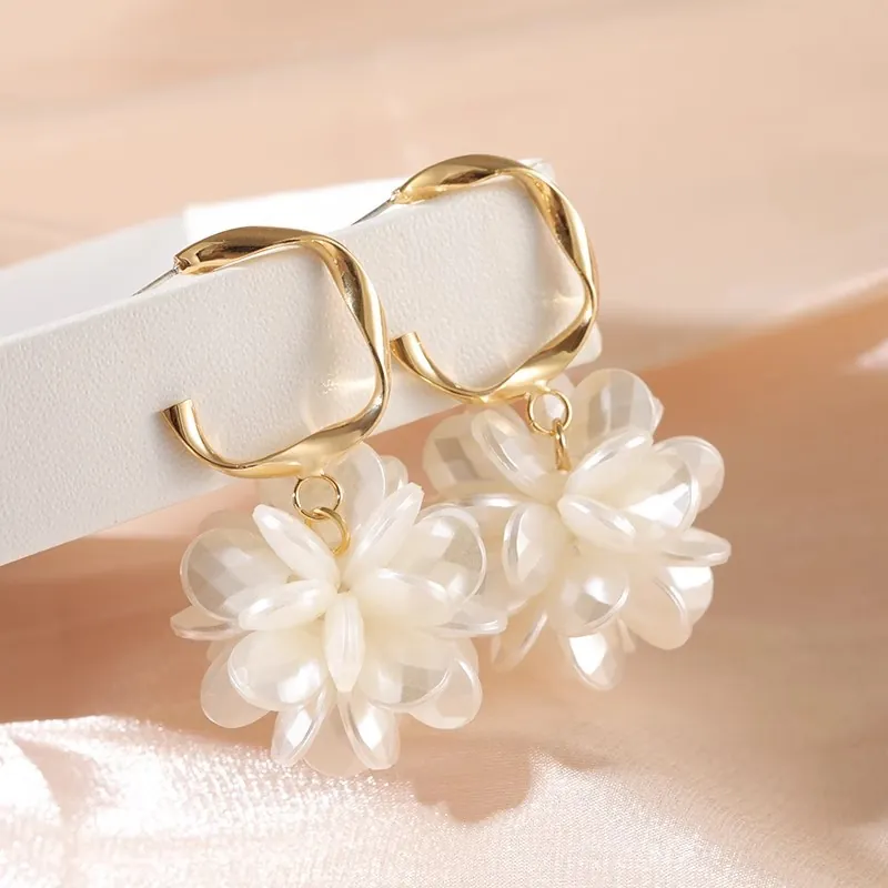 Flower Cluster Dangle Earrings For Women French Style Elegant Resin Petals With 925 Sterling Silver Earring Post