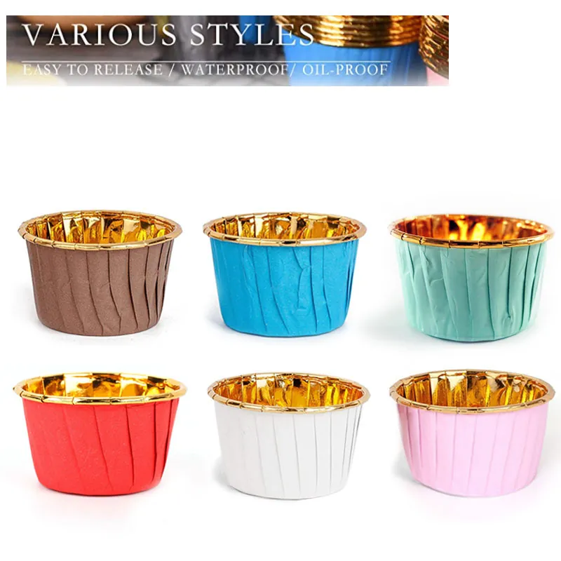 Aluminum Foil Cupcake Liners Muffin Cups Greaseproof Heat Resistant Baking Paper Cups Rolled Edge Metallic Gold Interior