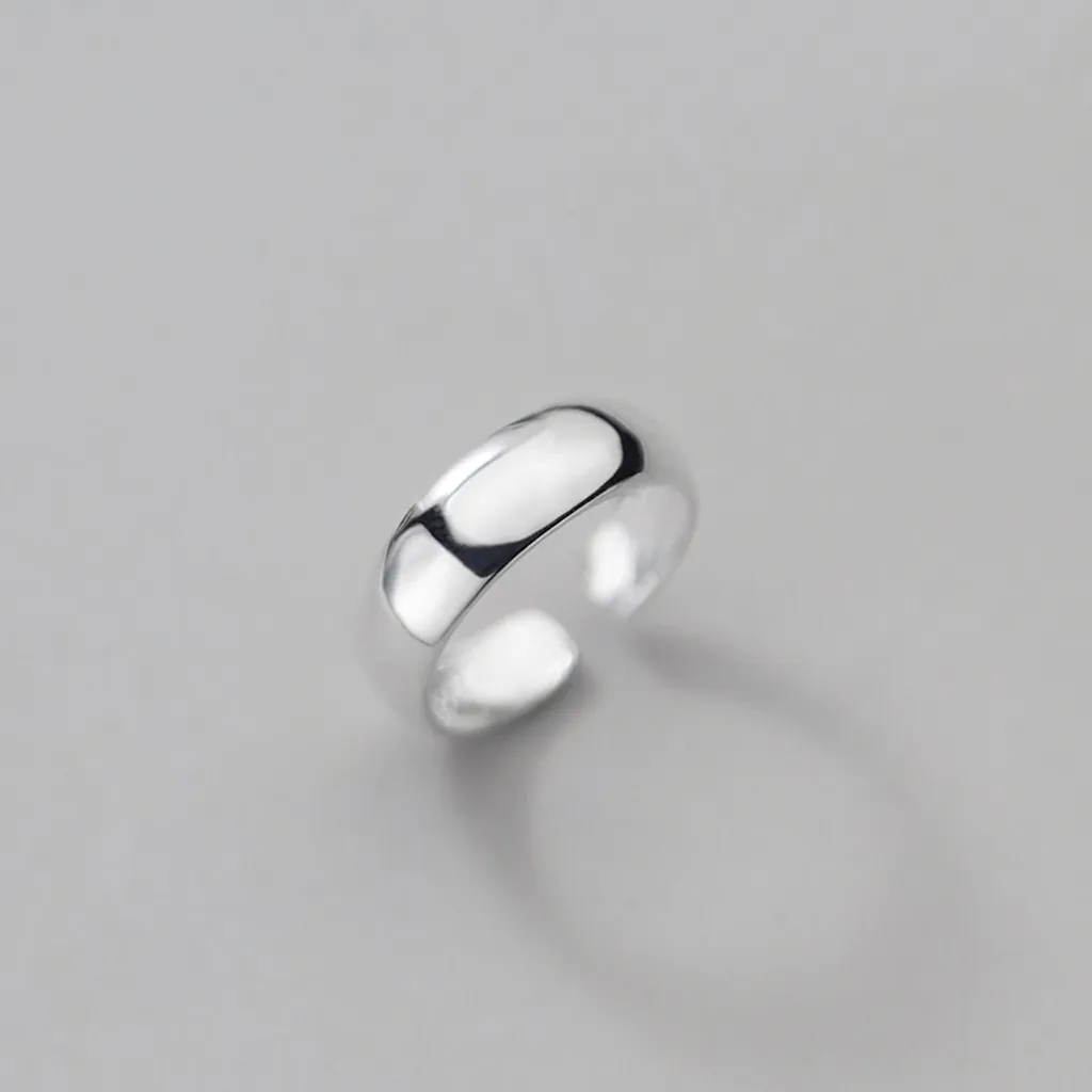 925 Sterling Silver Polished Wide Surface Adjustable Finger Ring Minimalist Geometric Round Jewelry For Women