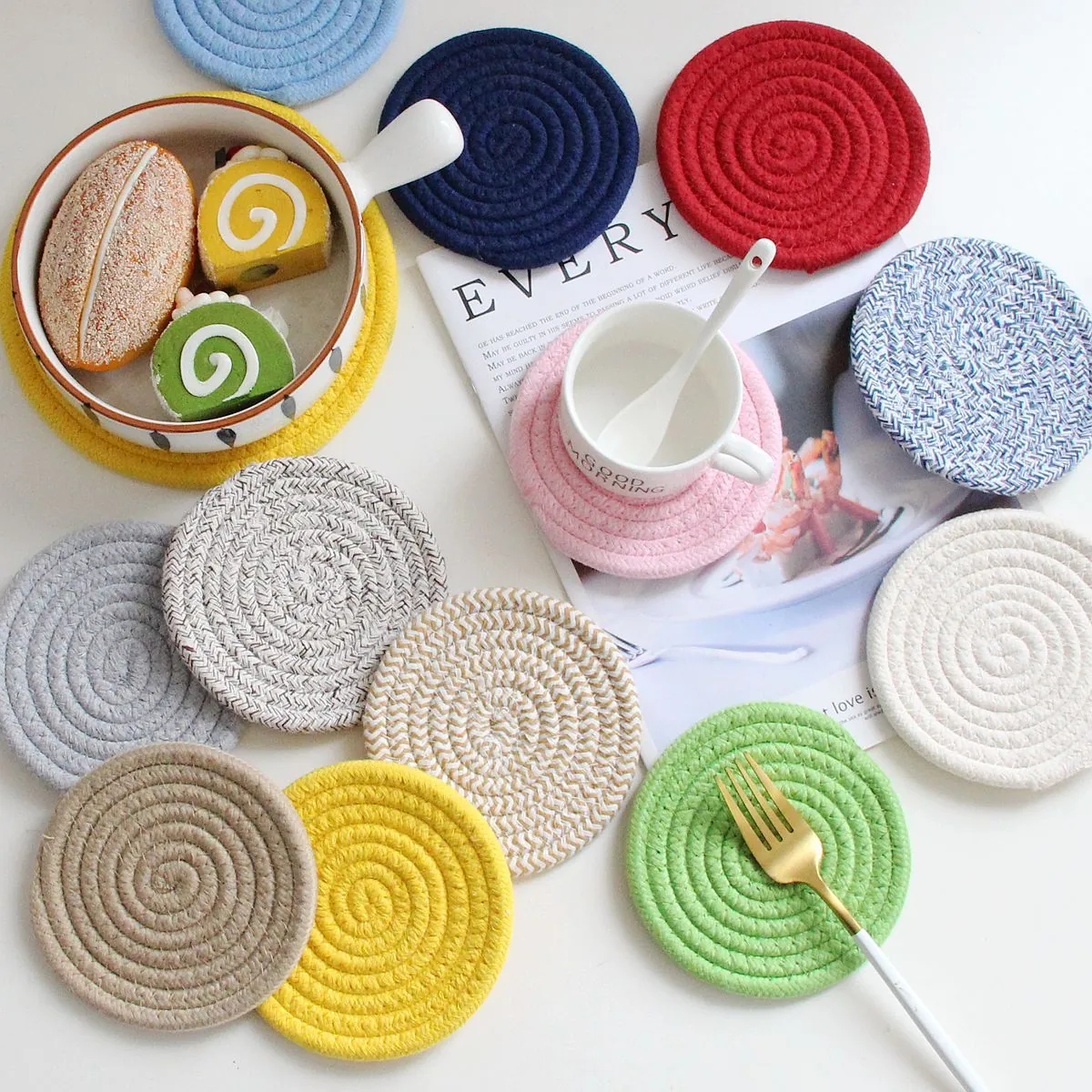 Round Woven Coasters Cotton Rope Jute Heat Resistant Absorbent Place Mats For Dining Table Coffee Cup Pot Minimalist Boho Style