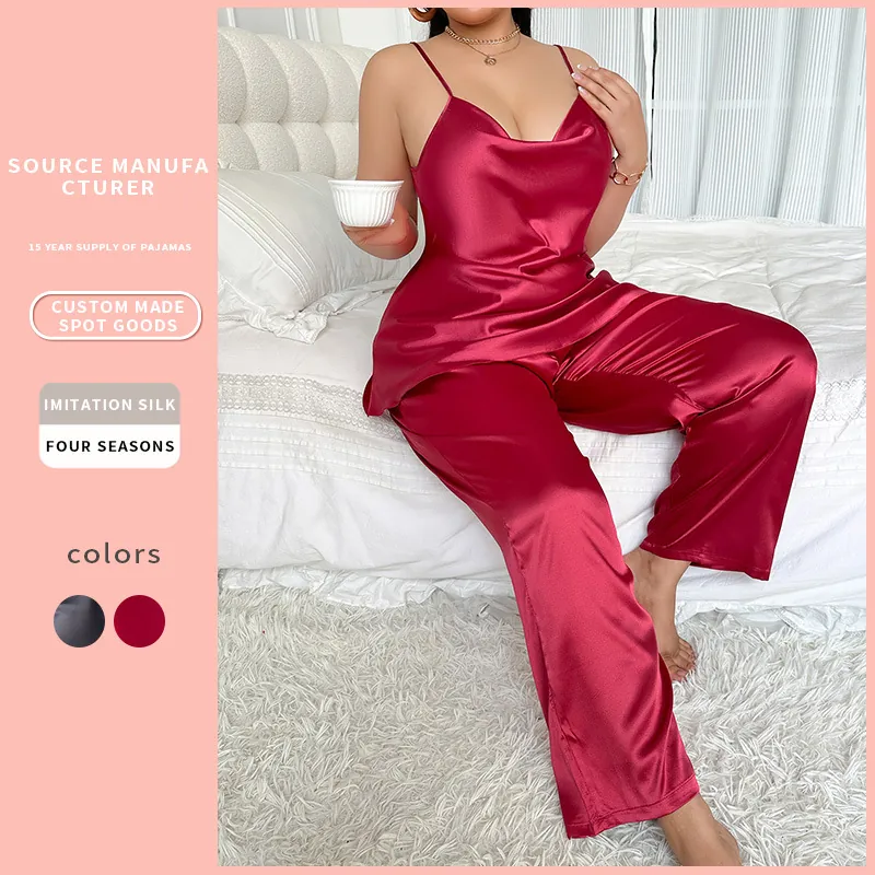 Women Plus Size Pajama Camisole And Long Pants Imitation Satin Satin V Neck Sleeveless Sexy Lightweight Breathable Homewear