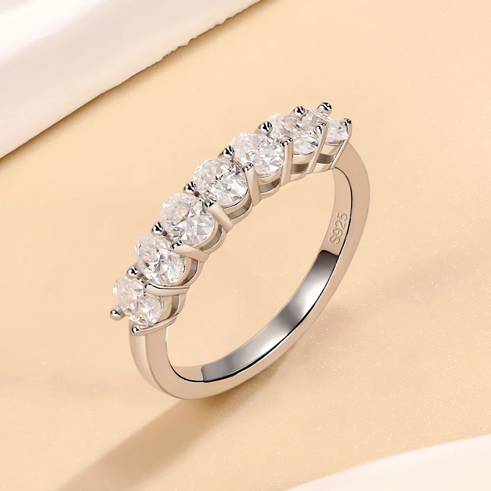 S925 Sterling Silver 18K White Gold Plated Moissanite Row Ring For Women 7-Stone Fancy Cut Half Eternity Wedding Band Jewelry