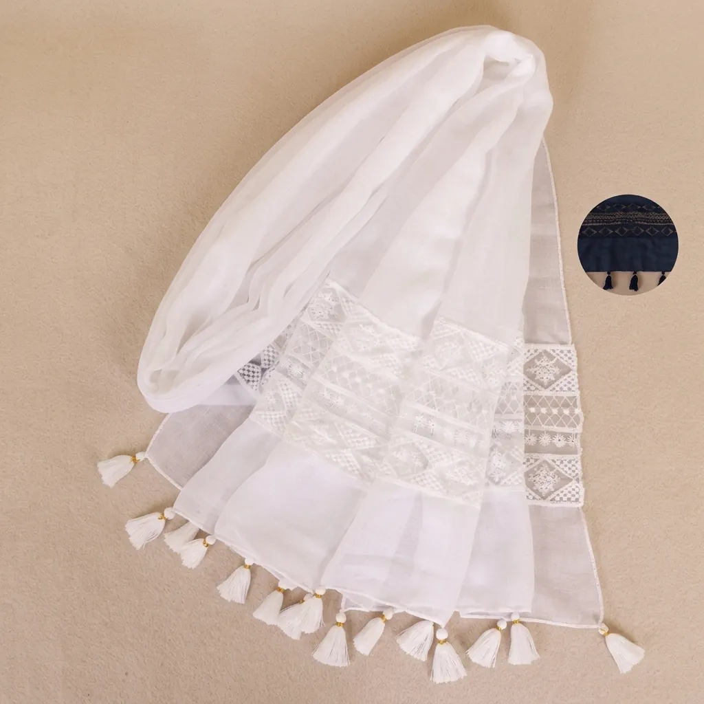 Long Scarf Shawl Women Cotton Linen Lace Embroidery Tassel Solid Color Elegant Sun Protection Lightweight Soft Wraps