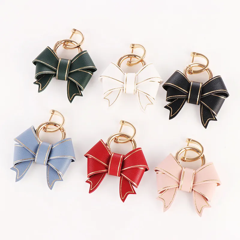 Bowknot Keychain Faux Leather Gold Edge Bag Charm For Women Elegant Alloy Key Ring Pendant Car Accessory