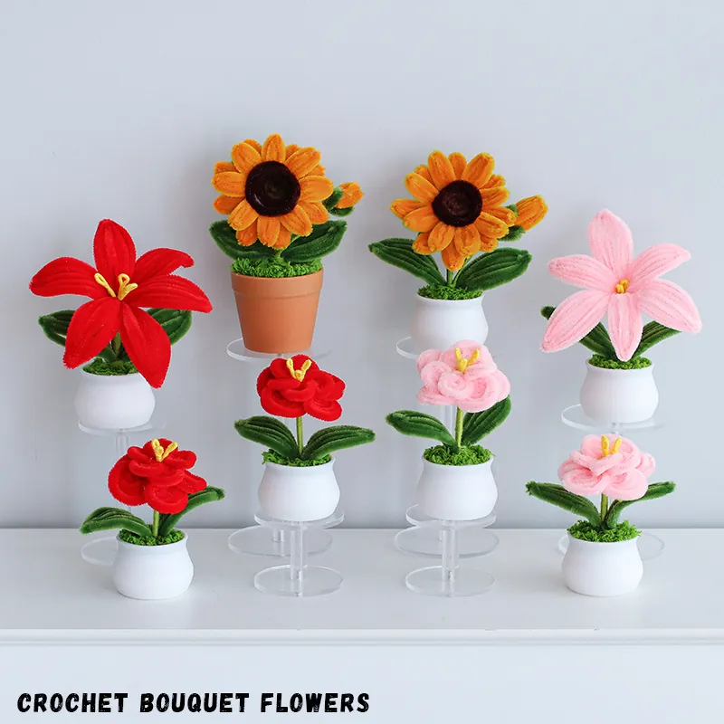 Handmade Crochet Potted Flowers Mini Sunflower Lily Knitted Yarn Plant Desktop Decor Office Home Table Ornament Gift
