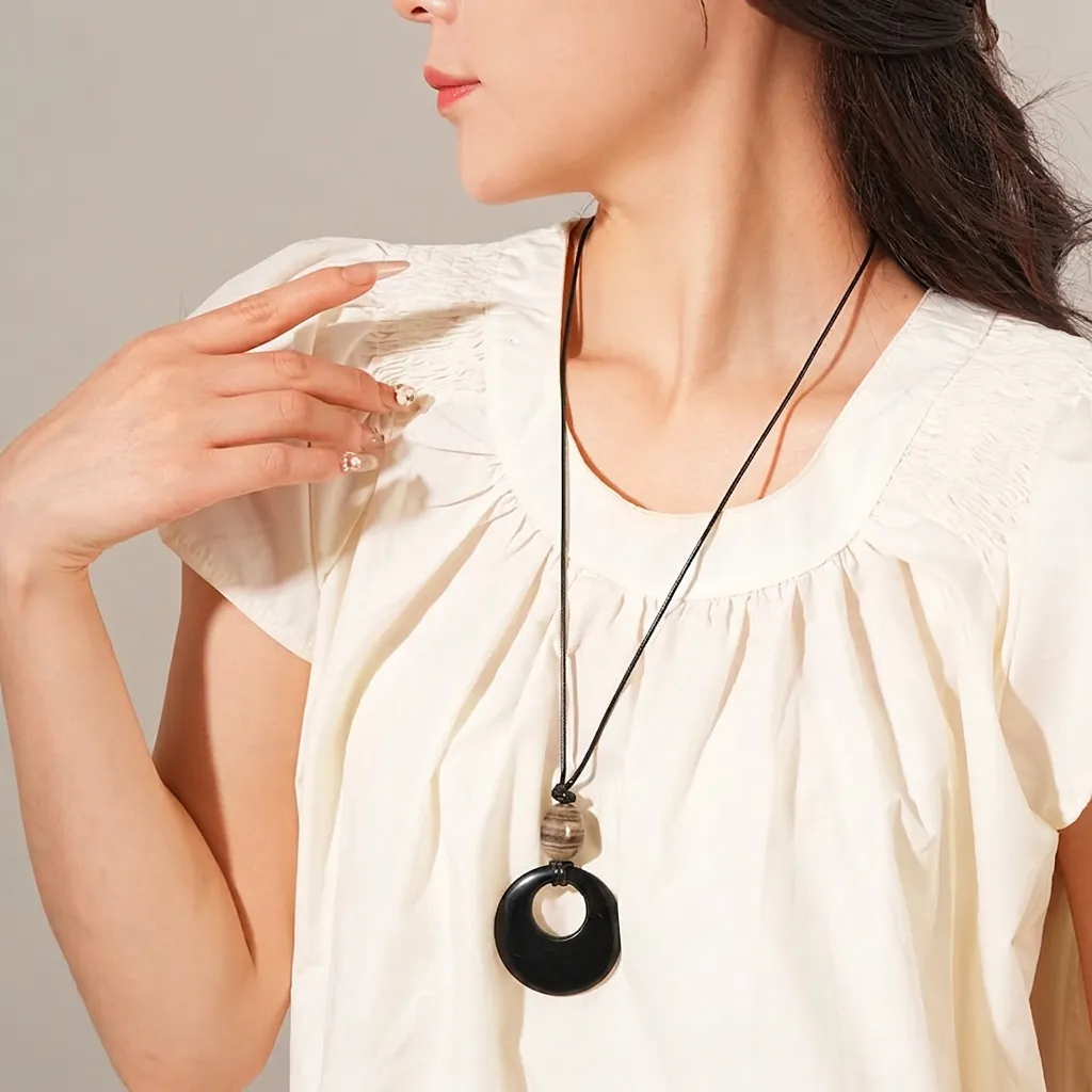 Collana Con Ciondolo Retrò Perla In Finta Agata Anello Geometrico Cordoncino Di Cuoio Catena Lunga Per Maglione Gioielli Stile Etnico Donna