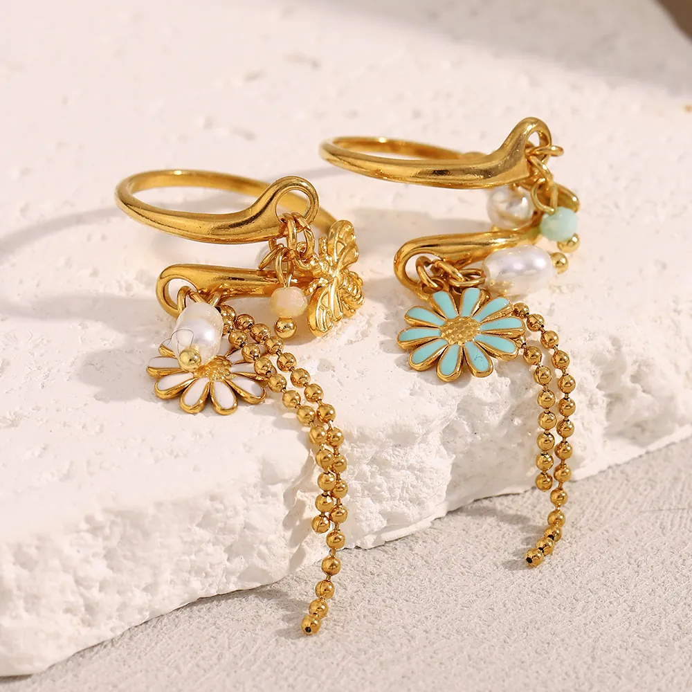 Stainless Steel Open Ring 18K Gold Plated With Enamel Daisy Bee Artificial Pearl And Ball Chain Tassel Vintage French Style For Women
