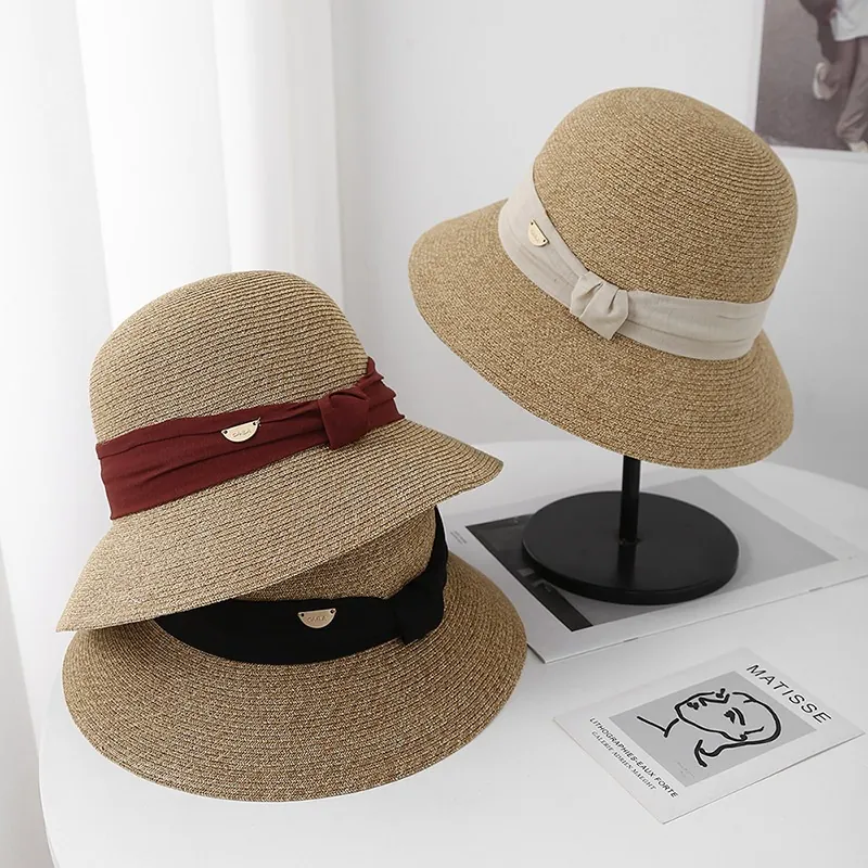 Chapeau De Soleil En Paille Élégant Pour Femmes À Large Bord Respirant Plage Bob Avec Nœud En Ruban Style Français