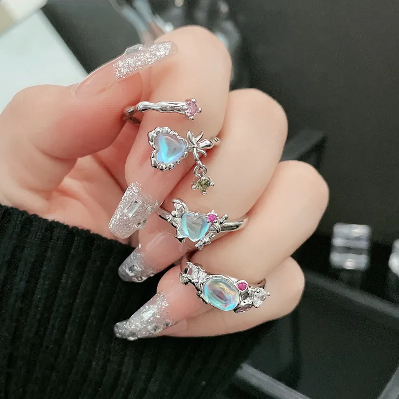Trendy Copper Heart Bowknot Open Ring For Women Sweet Cool Adjustable Rhinestone Moonstone Effect Fashion Finger Jewelry