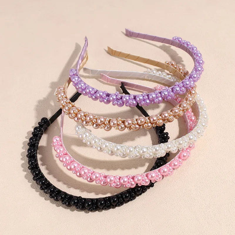 Beaded Headband Elegant Faux Artificial Pearl Cluster Hair Band Fabric Wrapped Sweet Hair Hoop For Women Wedding Party Accessory