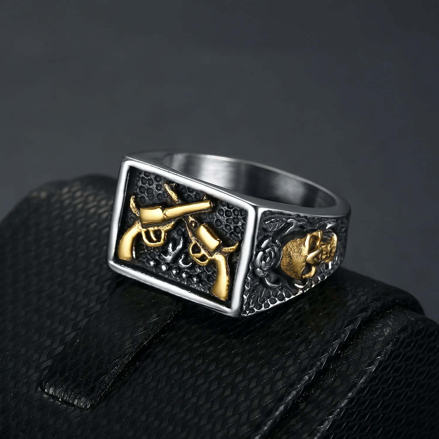 Men Stainless Steel Ring Vintage Punk Crossed Revolvers Skull Embossed Gothic Biker Rock Jewelry
