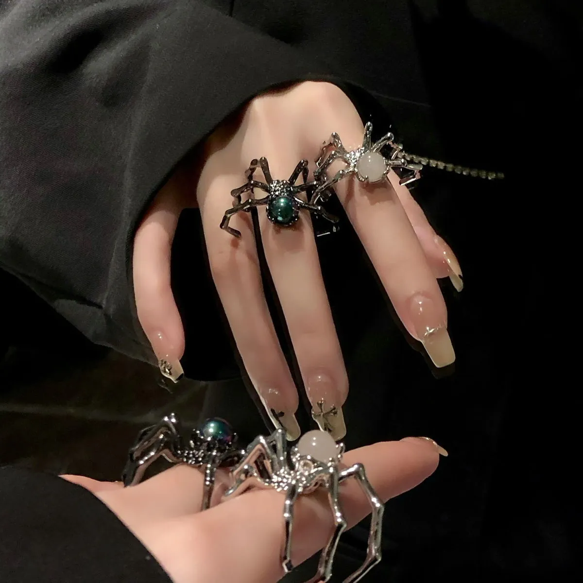 Gothic Spider Ring Zinc Alloy Faux Artificial Pearl Adjustable Open Dark Punk Style Animal Jewelry For Women Men