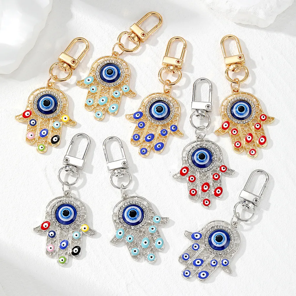 Vintage Hamsa Hand Evil Eye Keychain Alloy Rhinestone Palm Pendant Key Ring Ethnic Amulet Decoration Jewelry Gift For Women Men
