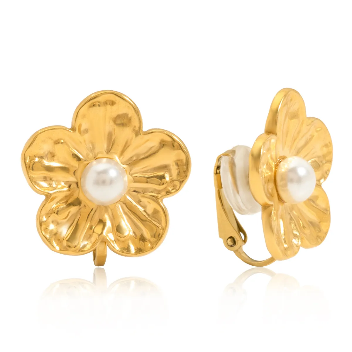 Clips d'Oreilles Fleur en Acier Inoxydable sans Perçage Plaqué Or Künstliche Perle d'Imitation Style Vintage Bijoux Femme