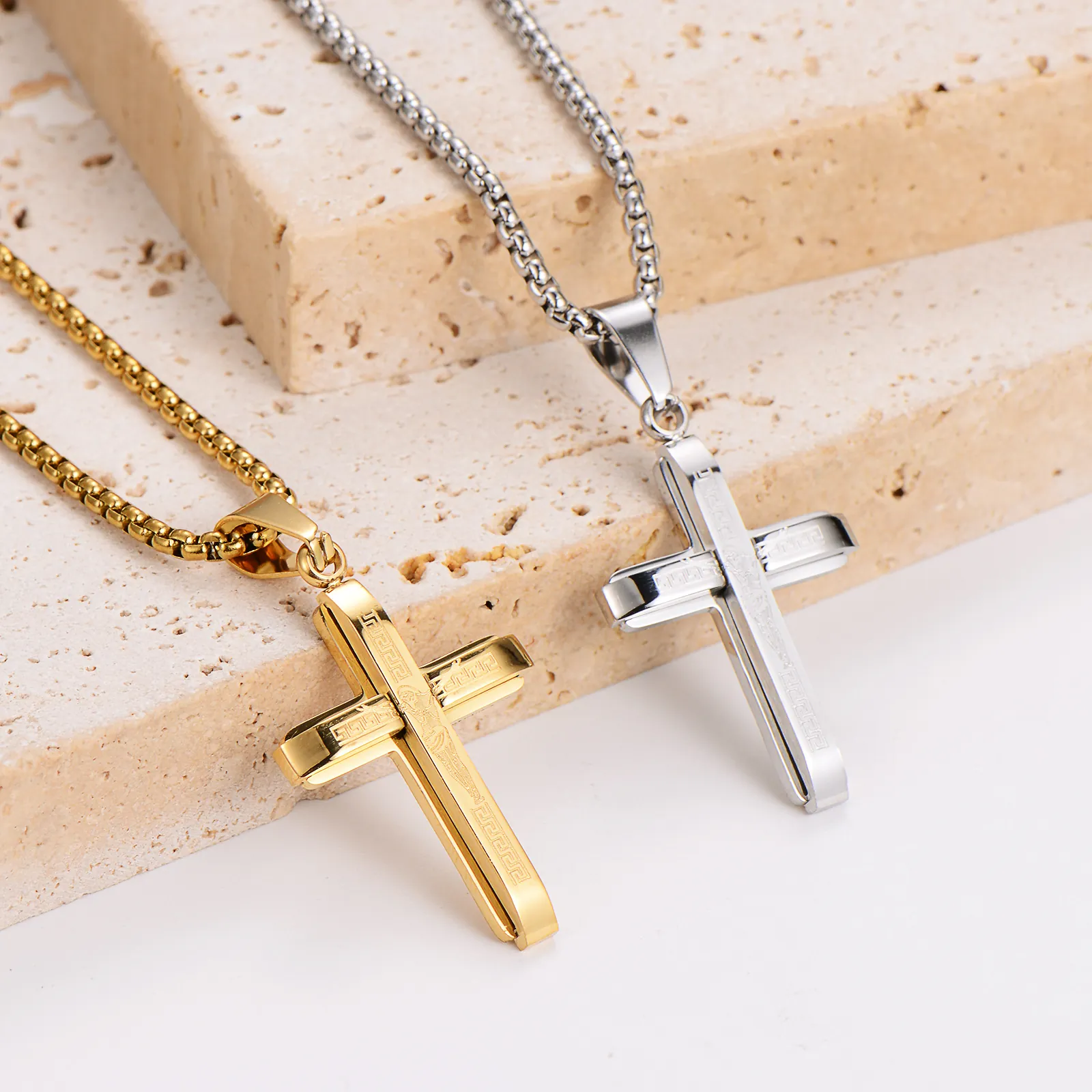 Jesus Crucifix Cross Pendant Necklace 304 Stainless Steel Greek Pattern Box Chain Religious Minimalist Jewelry For Men Women