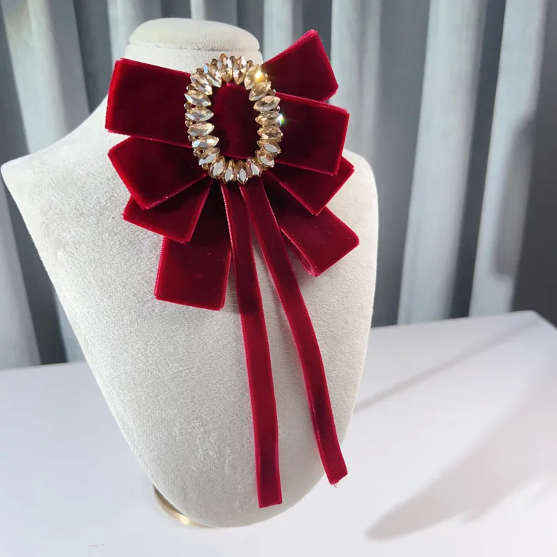Vintage Velvet Large Bow Brooch For Women Elegant Rhinestone Inlaid Bowtie Brooch Pin For Wedding Party Formal Accessories