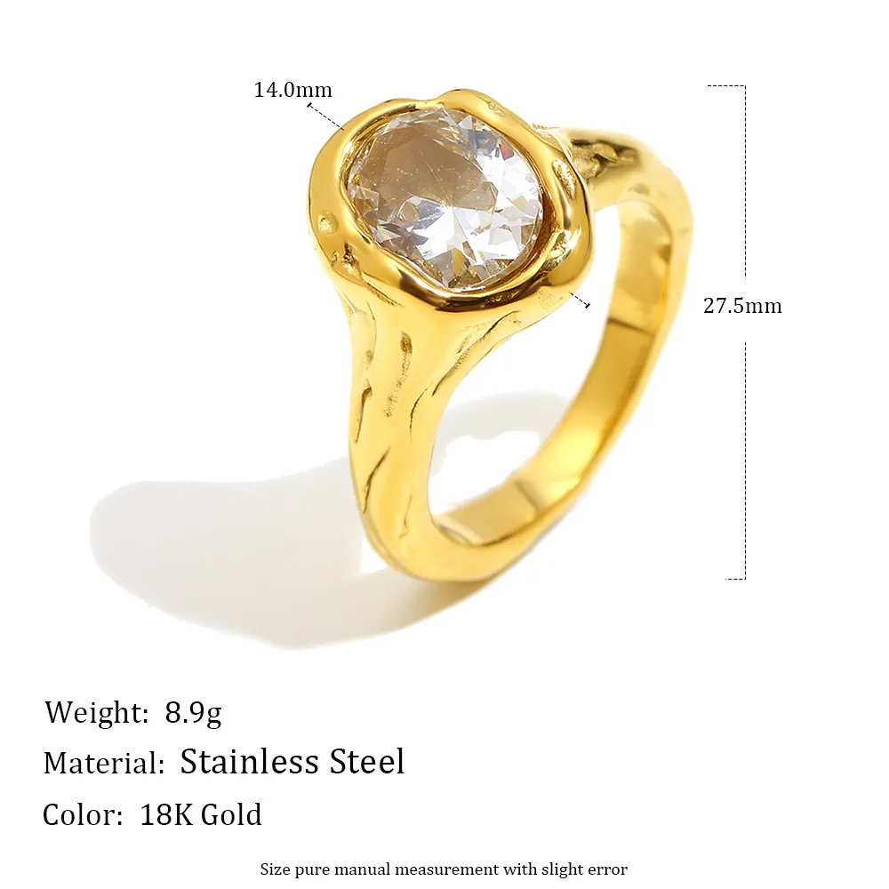 Ovaler Zirkonia Ring Für Frauen Edelstahl 18K Vergoldet Lava Textur Unregelmäßiges Durchbrochenes Design Mode Accessoire