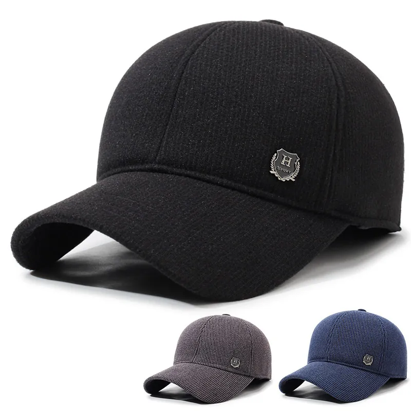 Men's Winter Baseball Cap With Ear Flaps Thickened Warm Woolen Outdoor Windproof Hat For Middle-Aged Elderly Father Gift