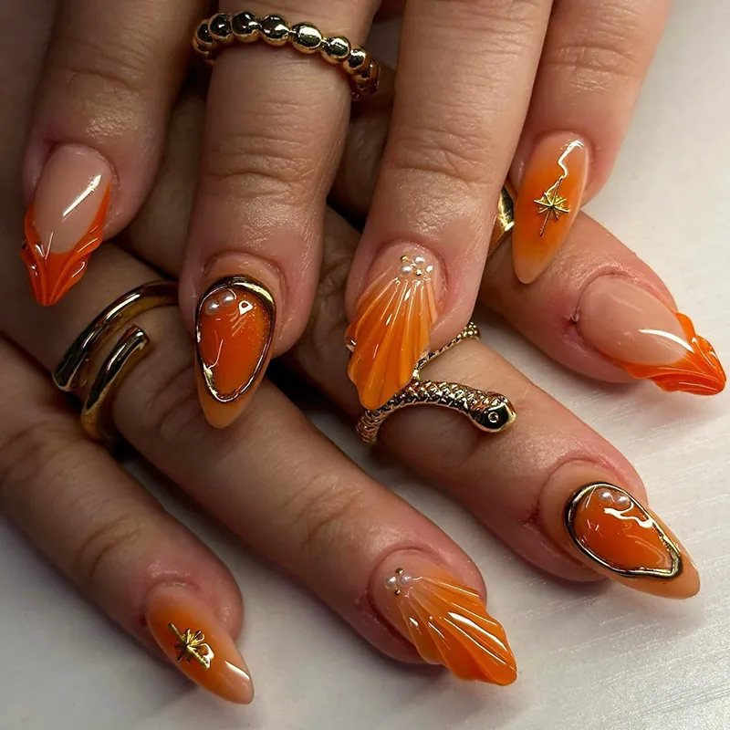 Press On Nails Orange French 3D Shell Relief Artificial Pearl Decor Almond Shape ABS Plastic Glossy Artificial Fingernails For Women