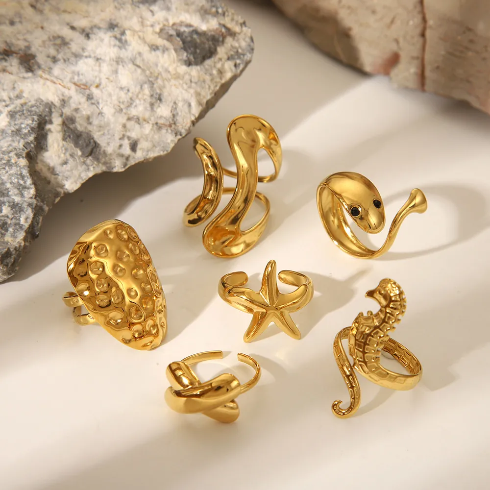 Verstellbare Offene Ringe Aus Edelstahl Goldbeschichtet Personalisierte Seestern Schlange Seepferdchen Schleife Tier Ringe