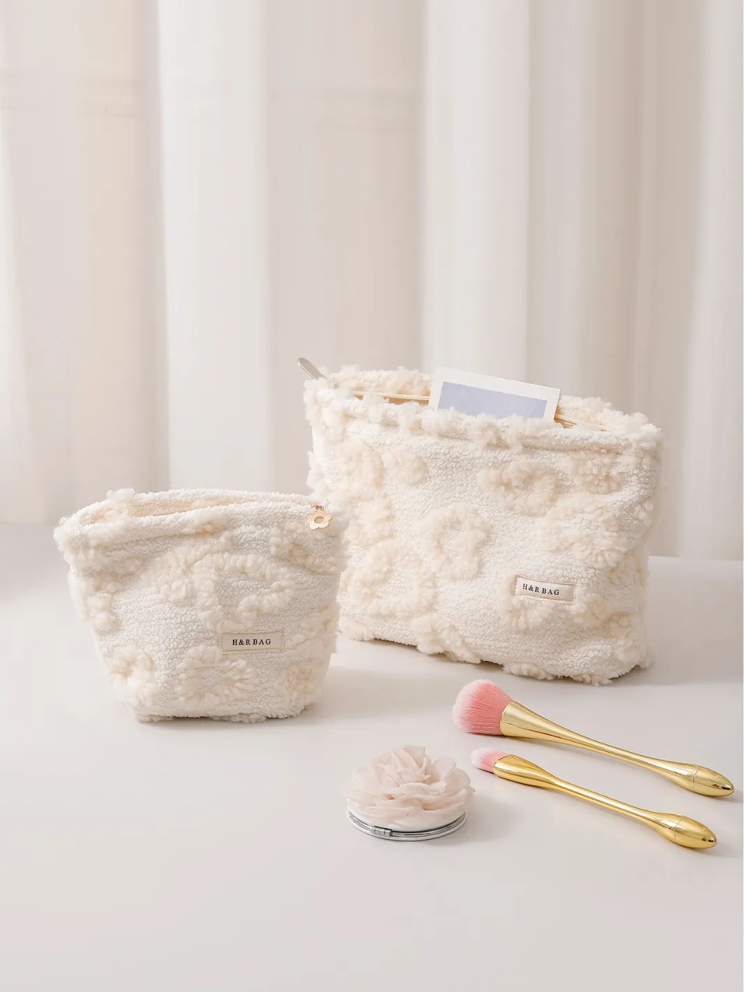 Women Makeup Bag Plush Cream Color Stereoscopic Floral Pattern Travel Cosmetic Pouch Portable Skincare Storage Clutch